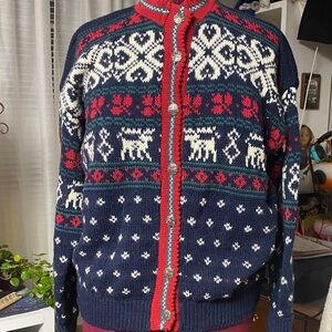 Alps Sportswear Navy and Red Patterned ladies Wool/Cotton Sweater